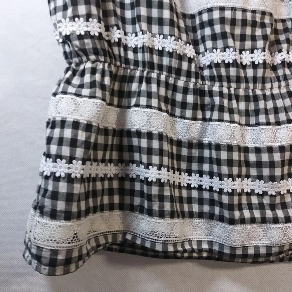 J Crew Black Gingham Daisy Chain Lace Peplum Peasant Short Sleeve Blouse Size M